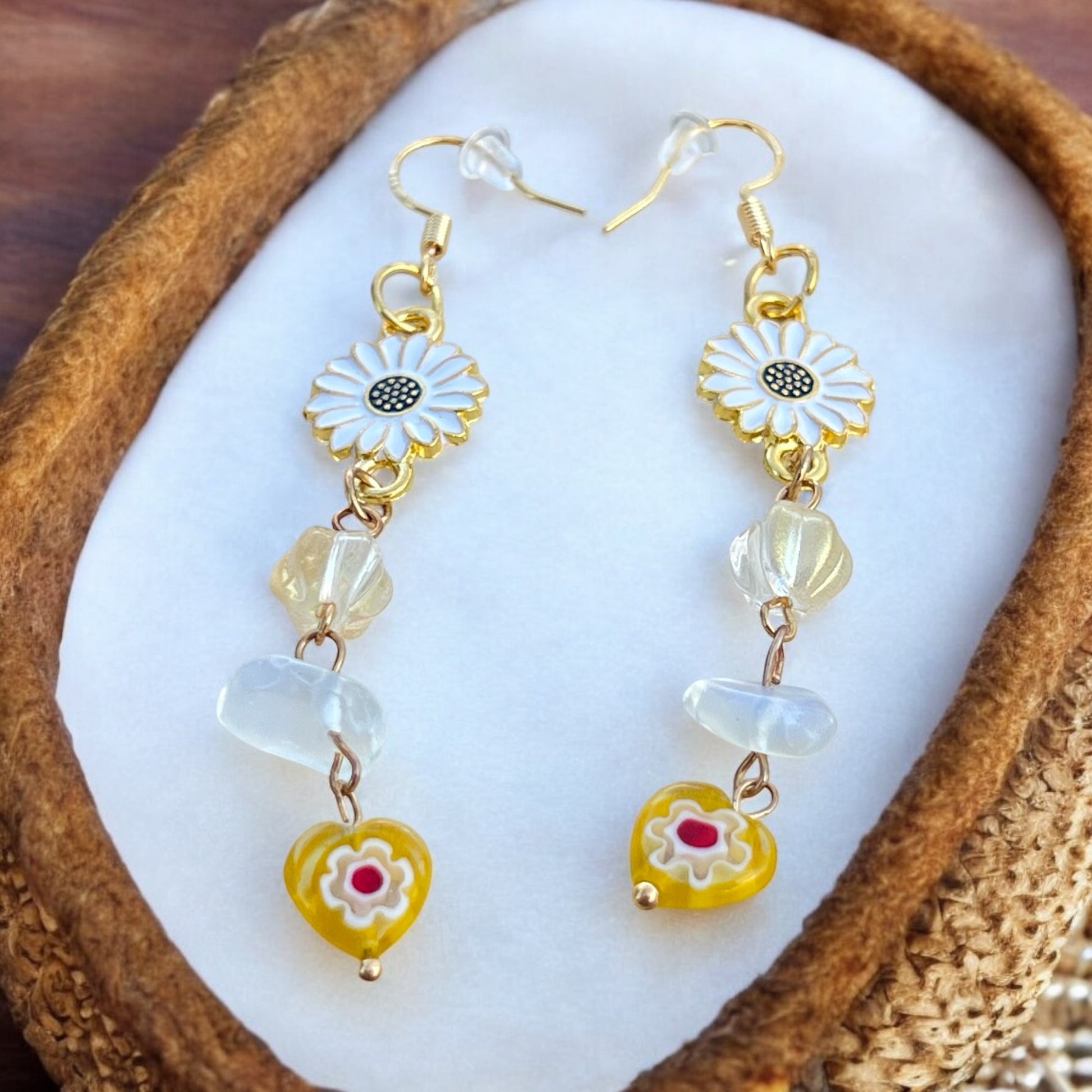 Daisy & Heart Dangle Earrings – Handmade Boho Drop Jewelry
