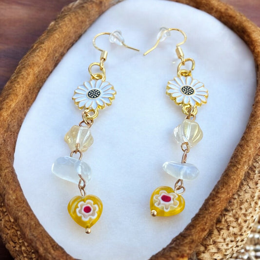 Daisy & Heart Dangle Earrings – Handmade Boho Drop Jewelry