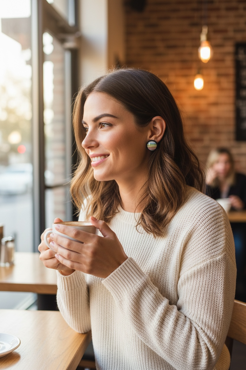Rainbow Stripe Stud Earrings – Colorful Round Wood Stud Jewelry