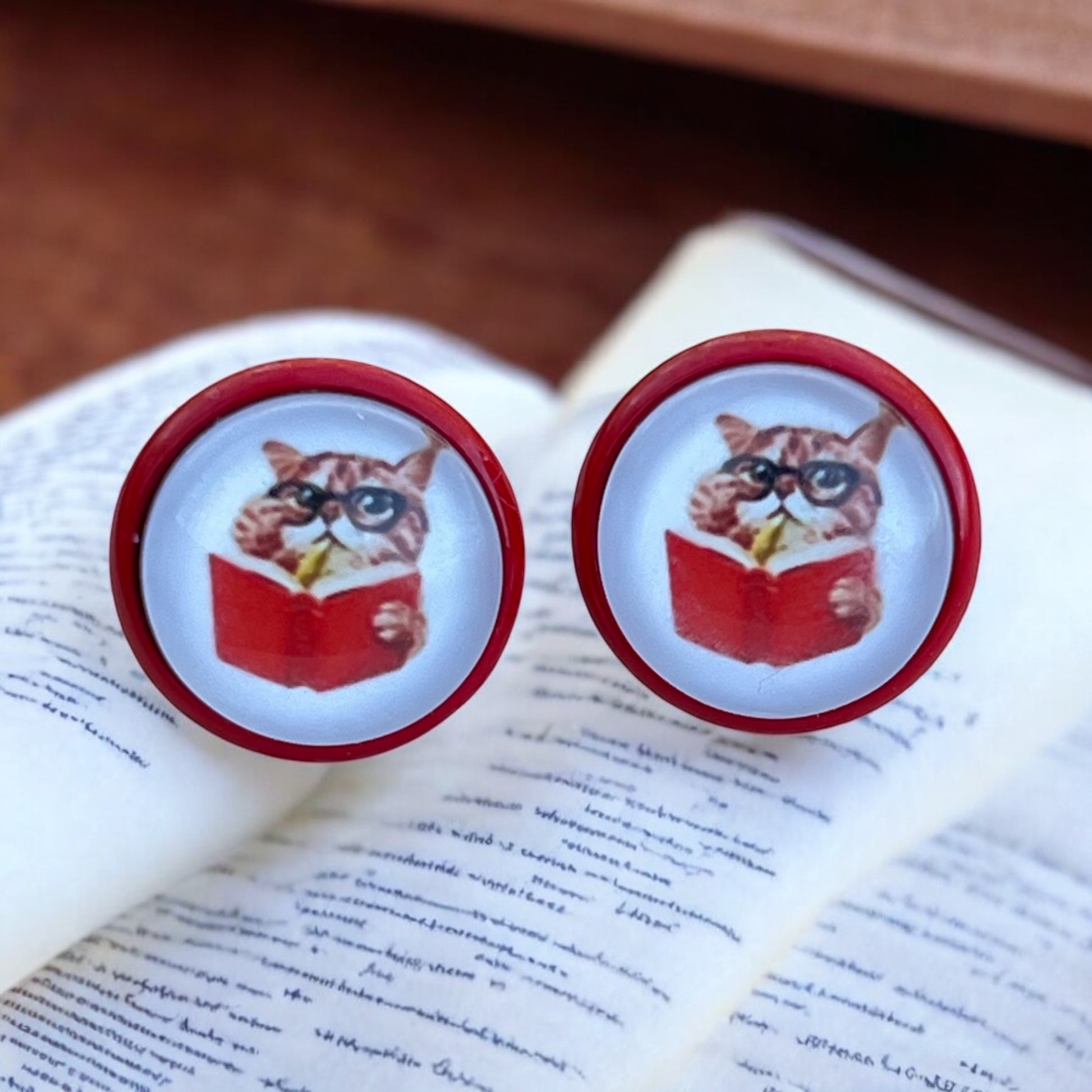 Bookish Cat Stud Earrings – Handmade Gift for Readers