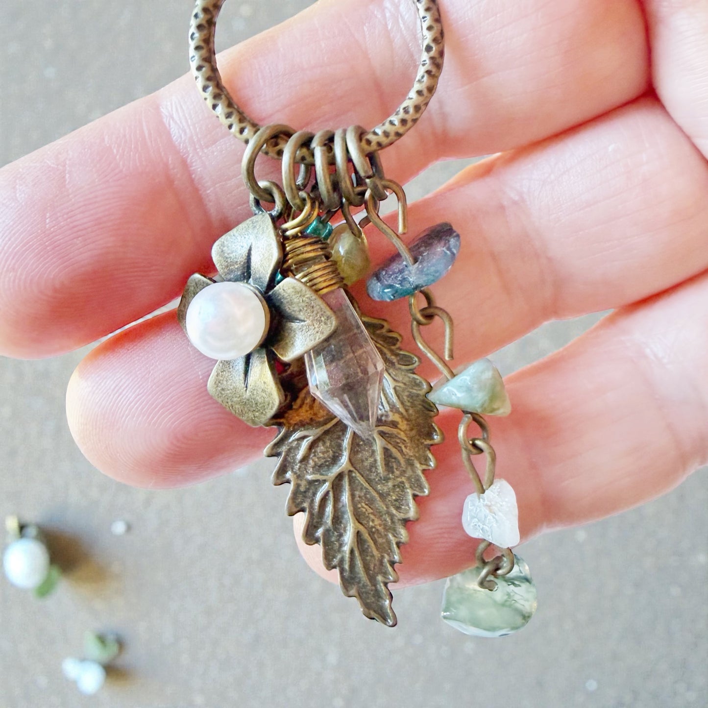 Earthy Leaf Gemstone Purse Charm – Boho Nature Keychain for Her