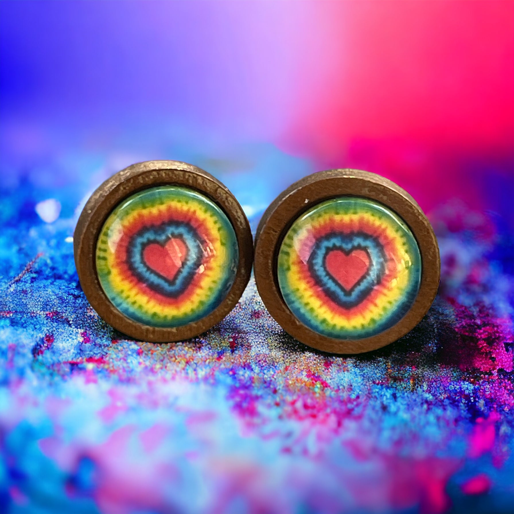 Rainbow Tie-Dye Heart Stud Earrings – Retro Wooden Jewelry