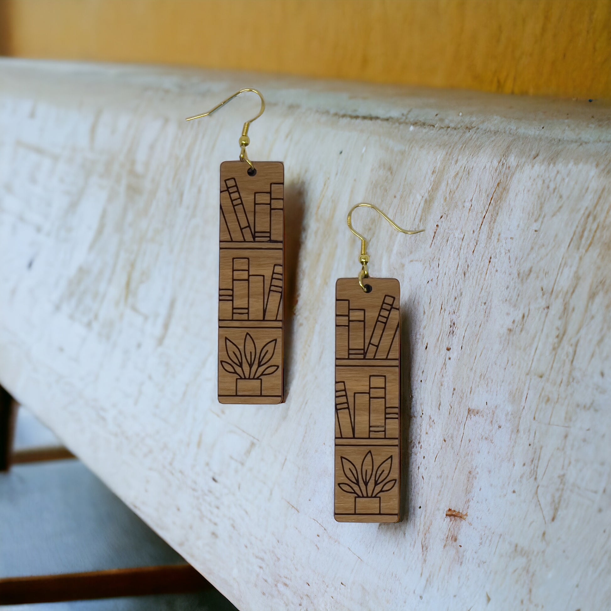 Bookshelf Wood Earrings – Handmade Boho Literary Jewelry