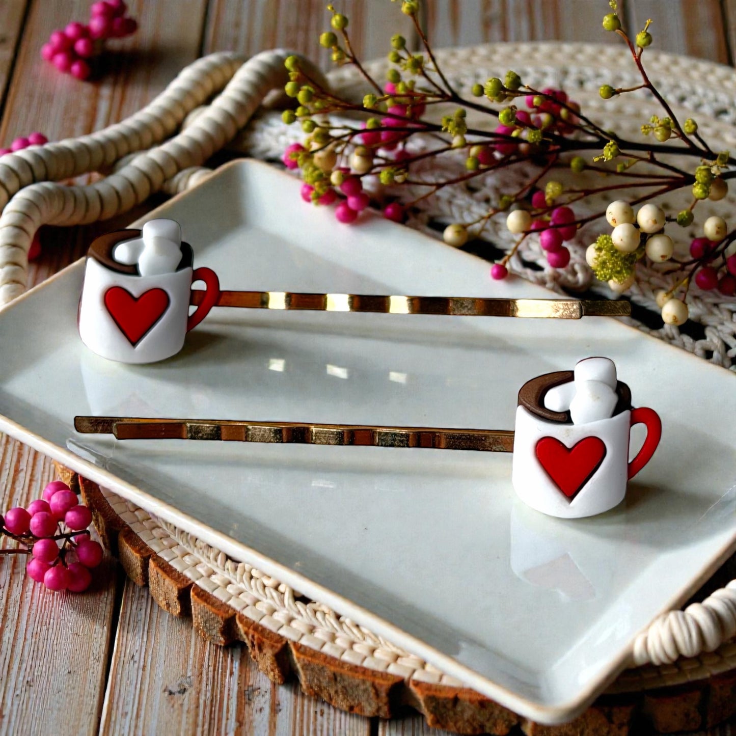 Hot Cocoa Heart Hair Pins – Cute Coffee Mug Bobby Pin Set for Women