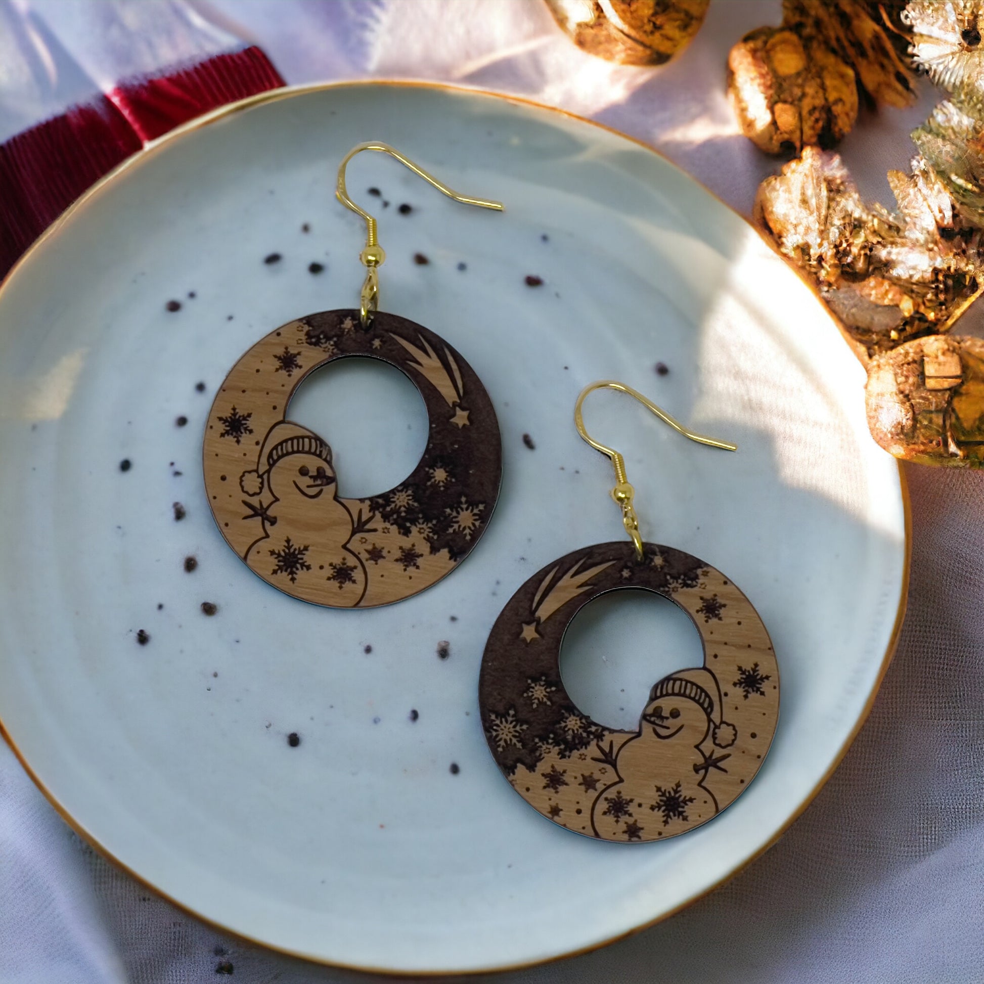 Snowman Moon Wood Earrings – Handmade Winter Holiday Jewelry