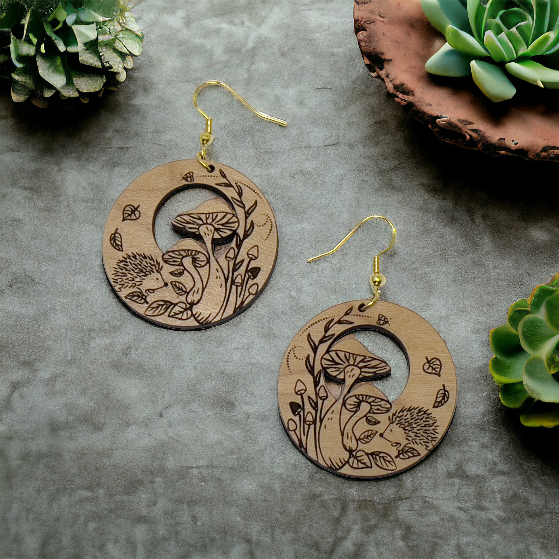 Hedgehog & Mushroom Wood Earrings – Whimsical Forest Jewelry