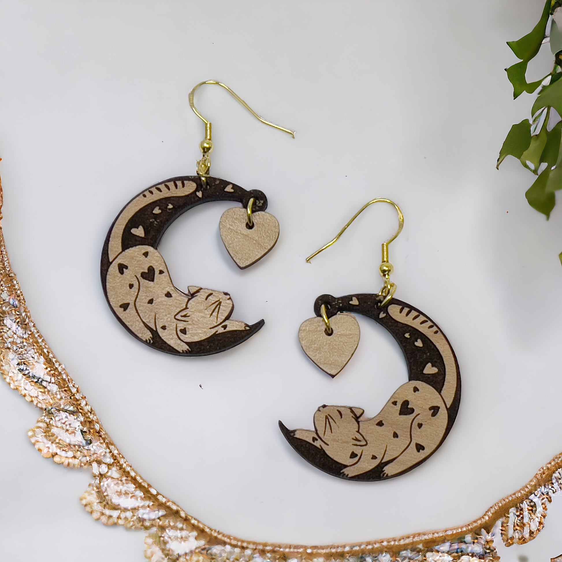 Customizable Valentines Wood Crescent Moon Cat Heart Earrings, Personalized Handcrafted Dangle Earrings, Cute Gifts for Cat Lover Girlfriend