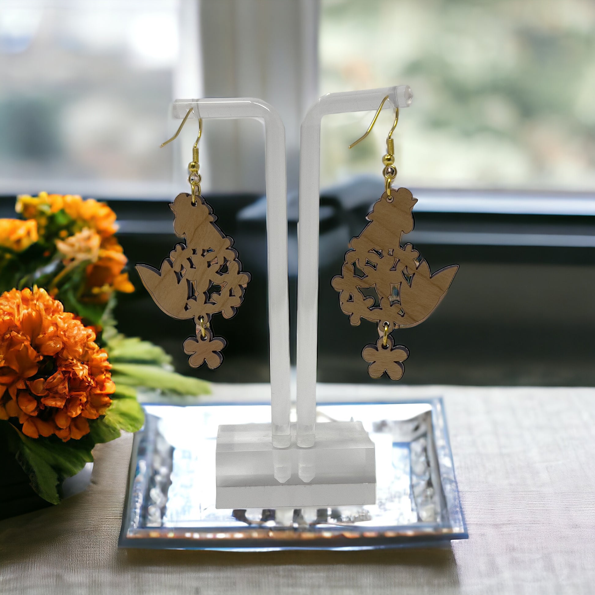 Floral Chicken Wood Earrings – Boho Farmhouse Nature Jewelry