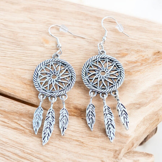 Dreamcatcher Earrings – Handmade Silver Boho Dangles