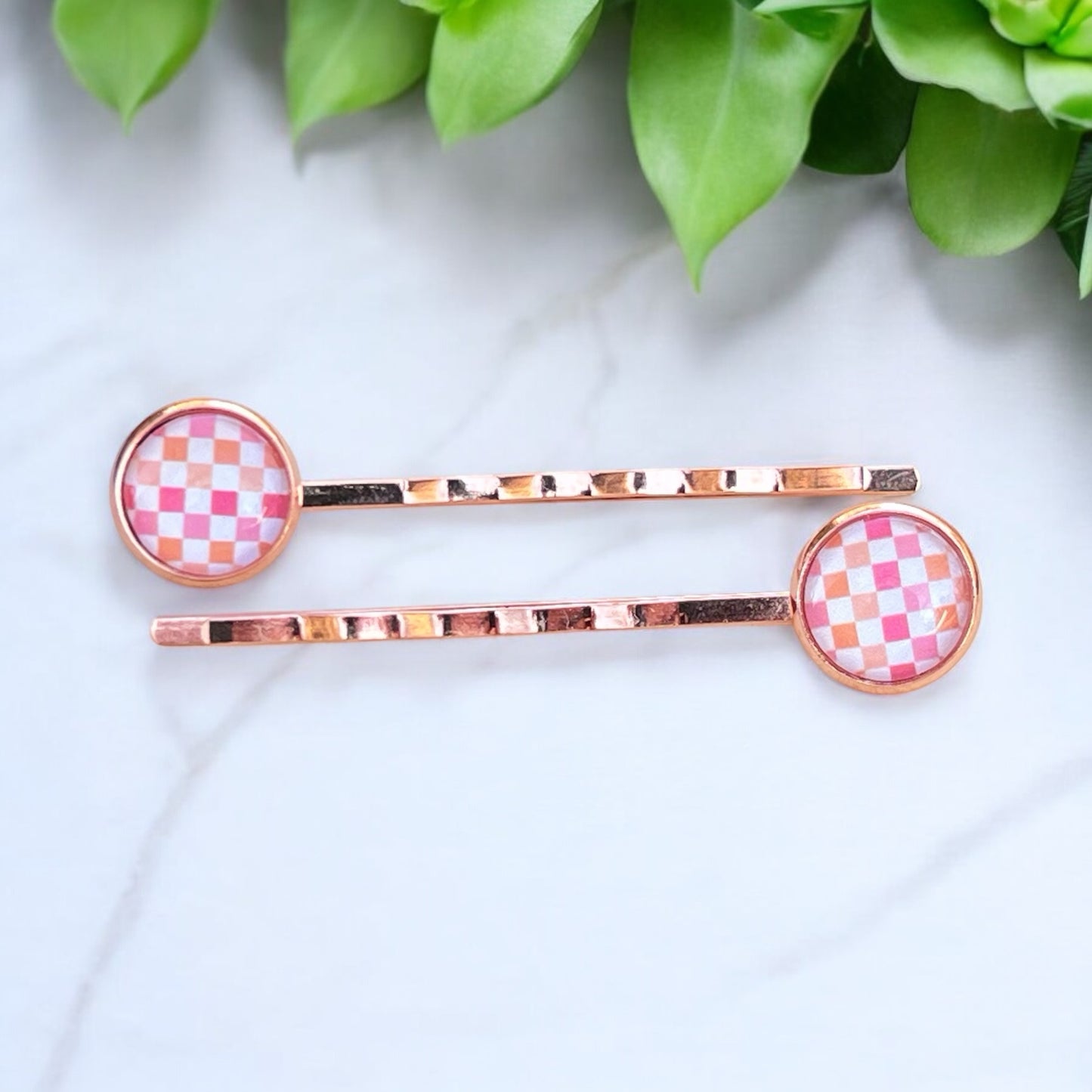 Pink & Orange Gingham Hair Pins – Set of 2 Rose Gold Accessories