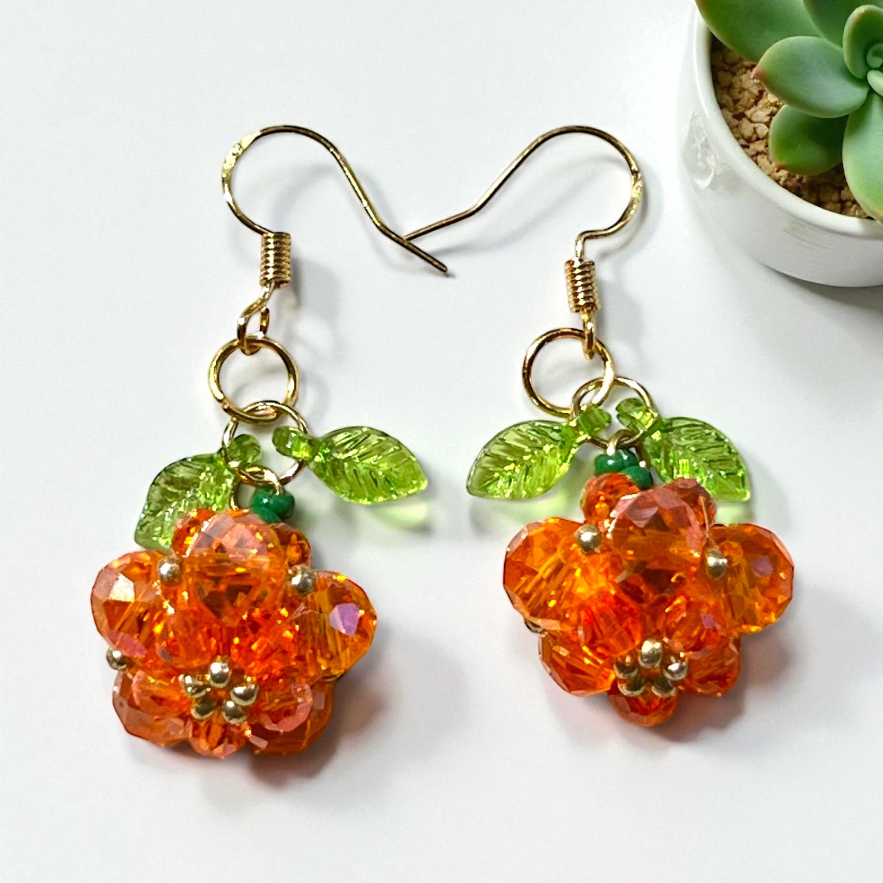 Beaded Pumpkin Earrings – Sparkly Fall Dangles with Green Leaves