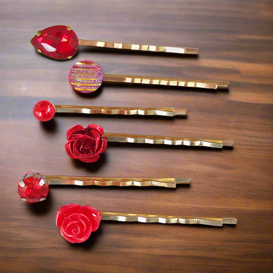 Red & Gold Rhinestone Bridal Hair Pin Set