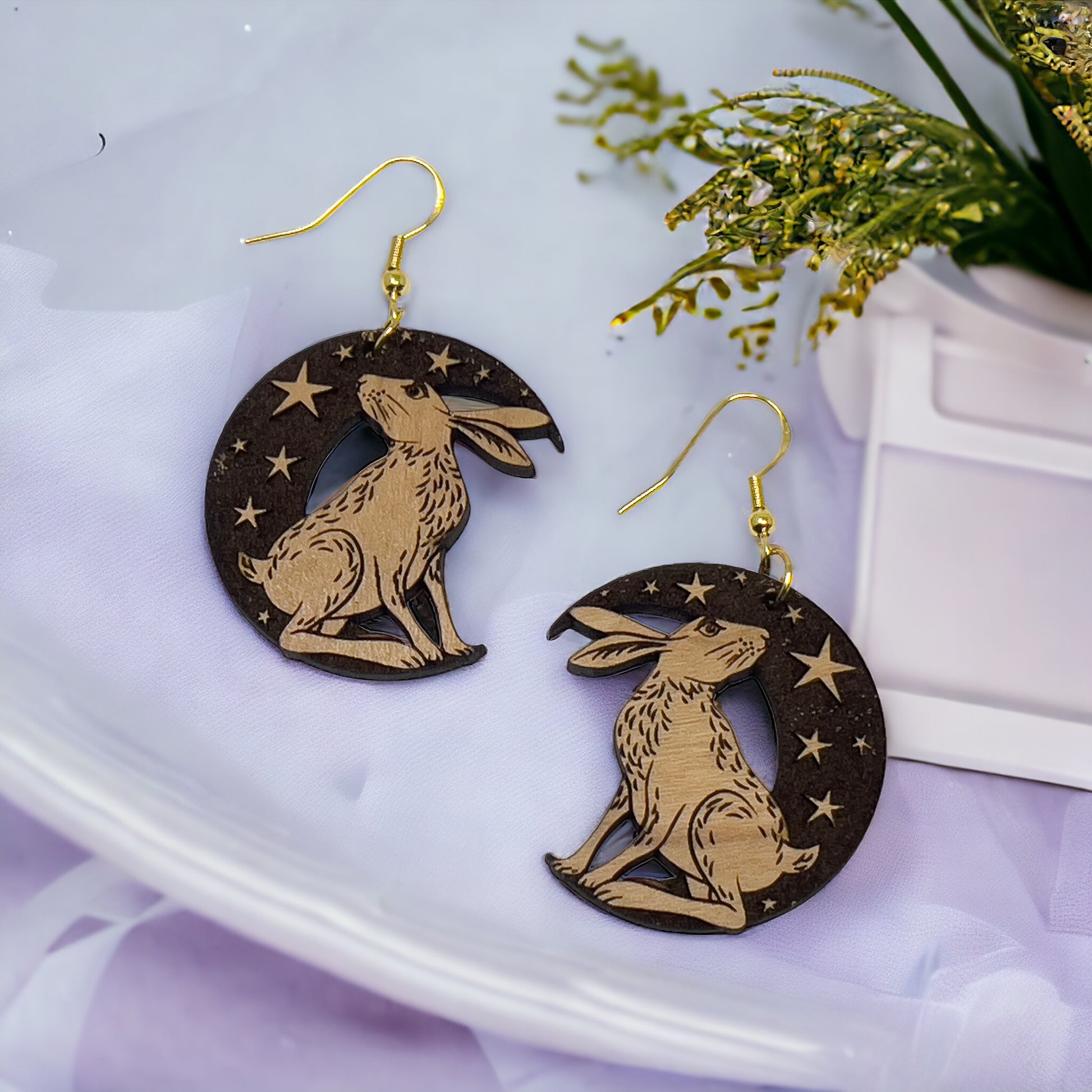 Easter Bunny Wood Crescent Moon Star Earrings, Personalized Handcrafted Dangle Earrings, Customizable Cute Gifts for Rabbit Lover Girlfriend