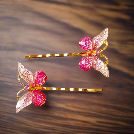 Horquillas para el pelo de mariposa rosa y dorada