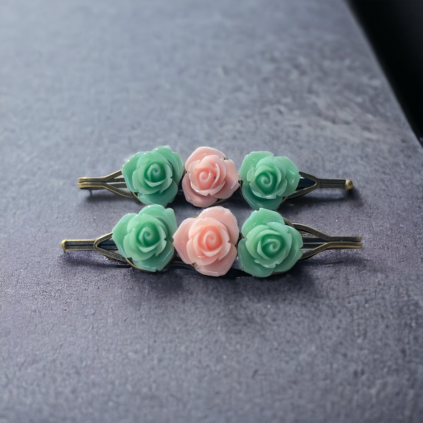 Mint & Blush Rose Hair Pins – Set of 2 Cottagecore Accessories