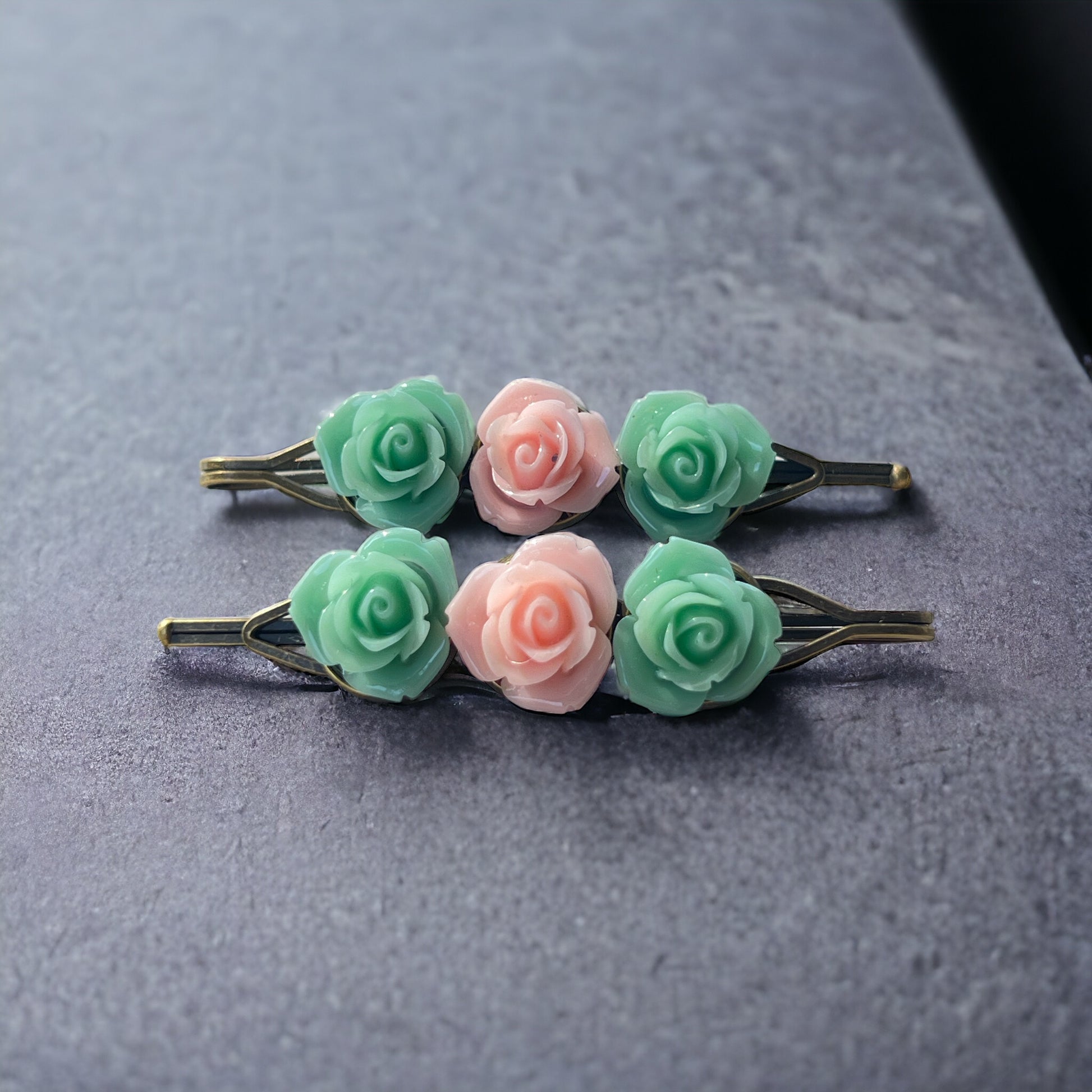 Mint & Blush Rose Hair Pins – Set of 2 Cottagecore Accessories