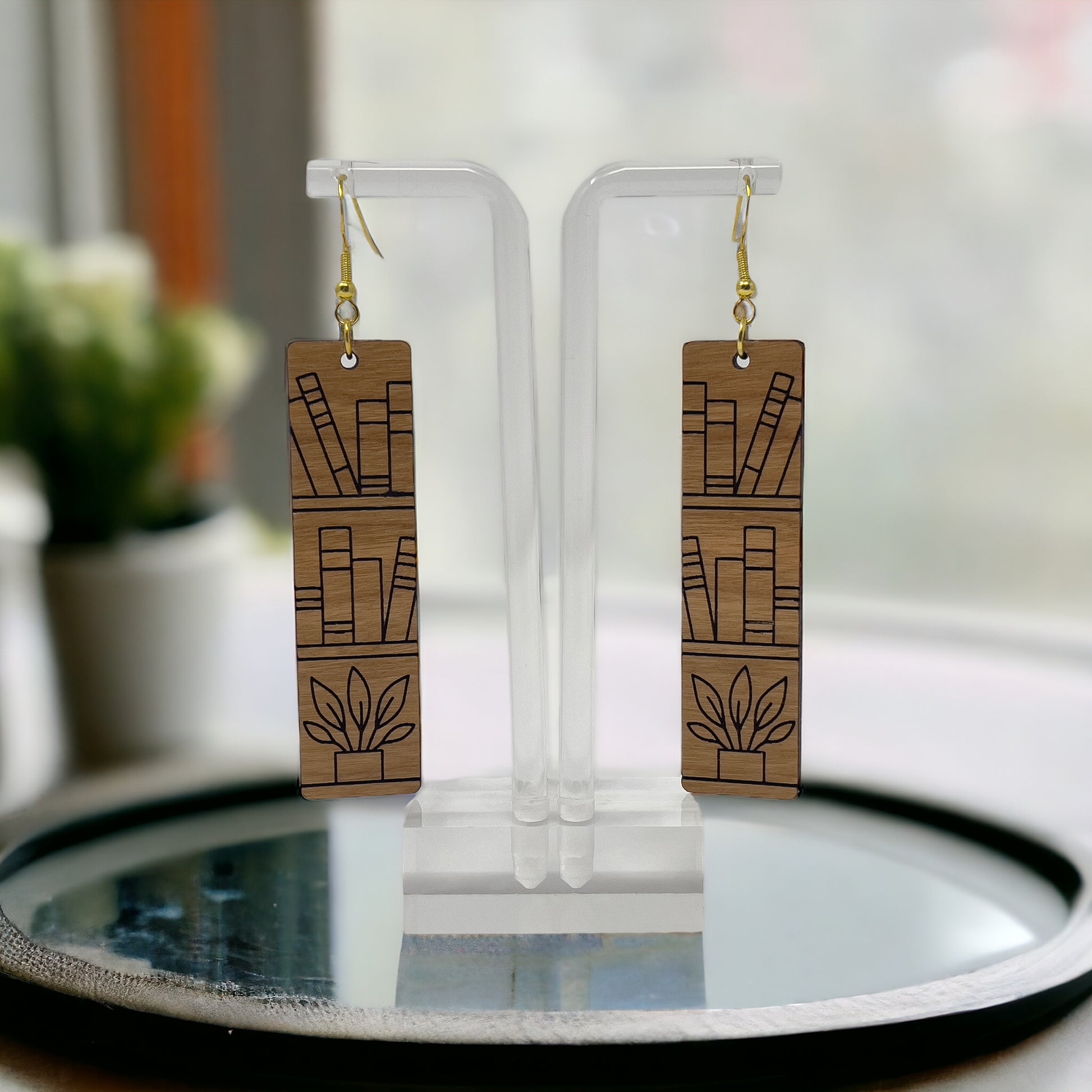 Bookshelf Wood Earrings – Handmade Boho Literary Jewelry