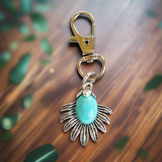 Turquoise Sunburst Purse Charm – Western Boho Keychain with Feather Detail