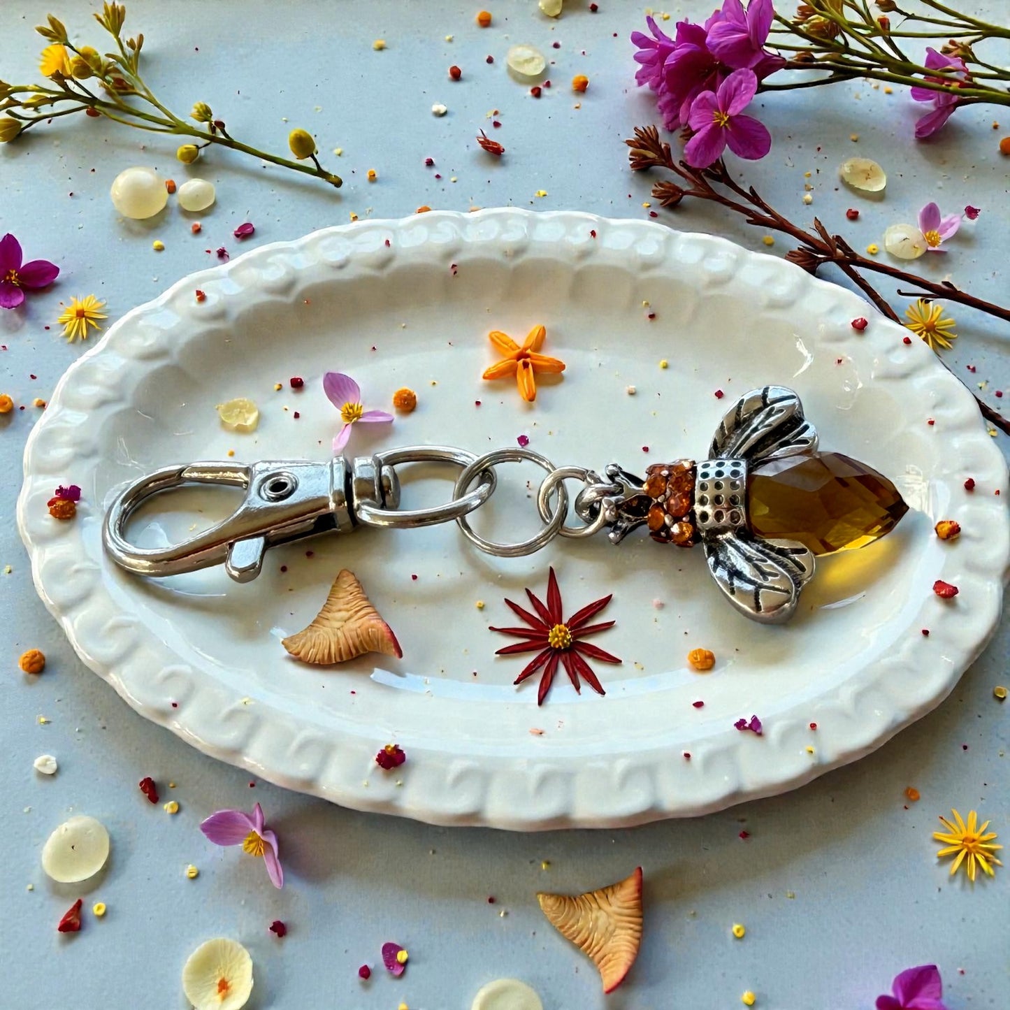 Amber Bee Purse Charm – Silver Boho Nature-Inspired Keychain