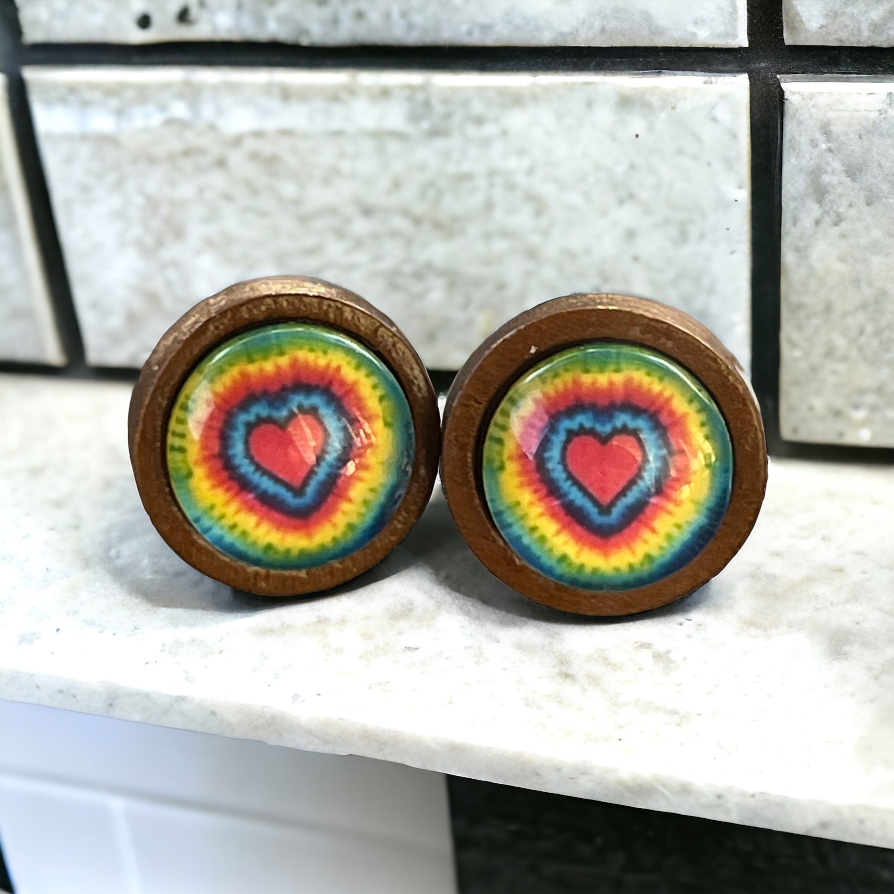 Rainbow Tie-Dye Heart Stud Earrings – Retro Wooden Jewelry