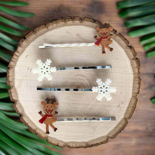Reindeer & Snowflake Hair Pins Christmas Bobby Pin Set of 4