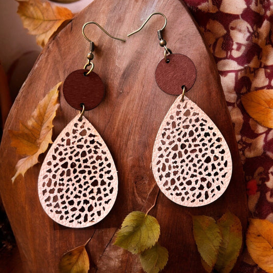 Wood & Off-White Leather Earrings – Natural Boho Chic Jewelry