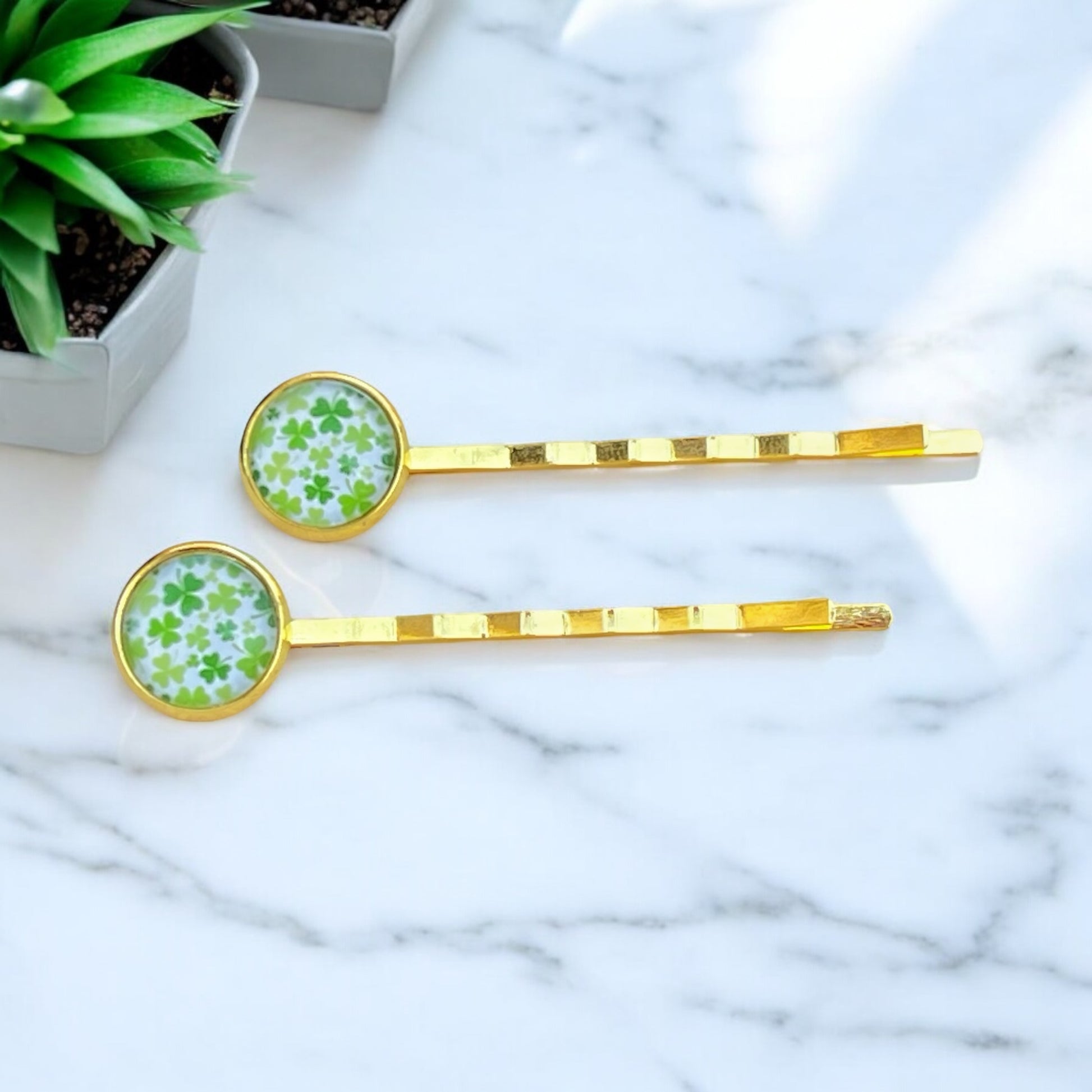 Shamrock Hair Pins – Set of 2 Gold-Toned St. Patrick’s Day Clips