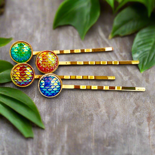 Gold Mermaid Hair Pins: Set of 4 in Purple, Green, Red, & Blue