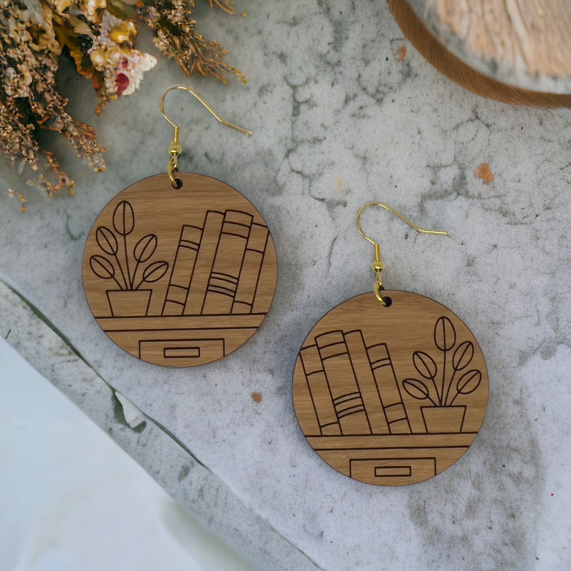 Bookshelf Wood Earrings – Boho Cottagecore Statement Jewelry