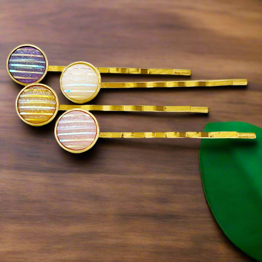 4 Gold Hair Pins - Purple, Yellow, Pink, & White Striped Design