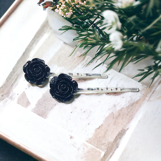 Black Rose Flower Hair Pins - Elegant & Timeless Floral Accessories