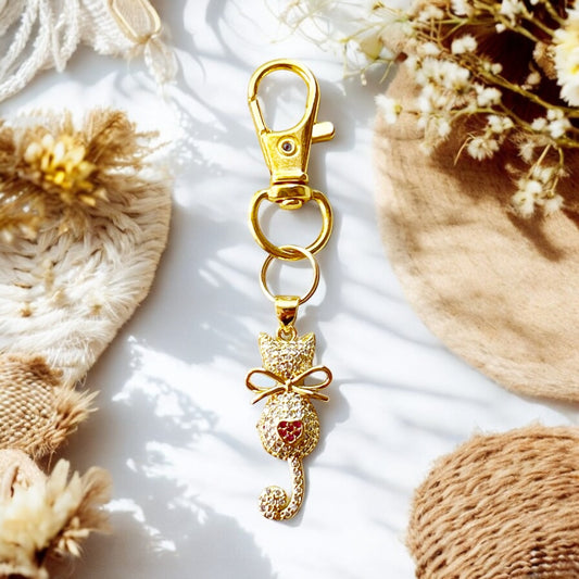 Gold Cat Purse Charm – 18K Plated Keychain with Cubic Zirconia & Heart