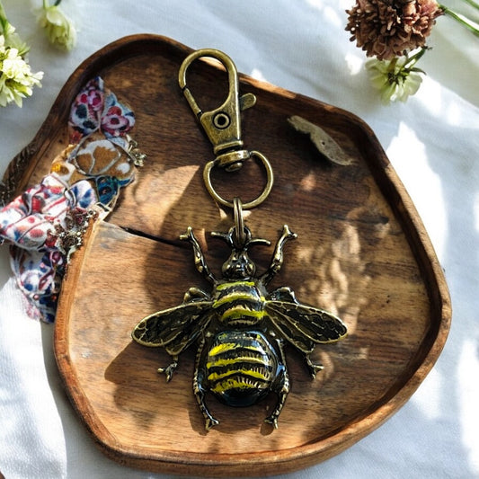 Hand-Painted Bee Purse Charm – Brass Insect Keychain for Women