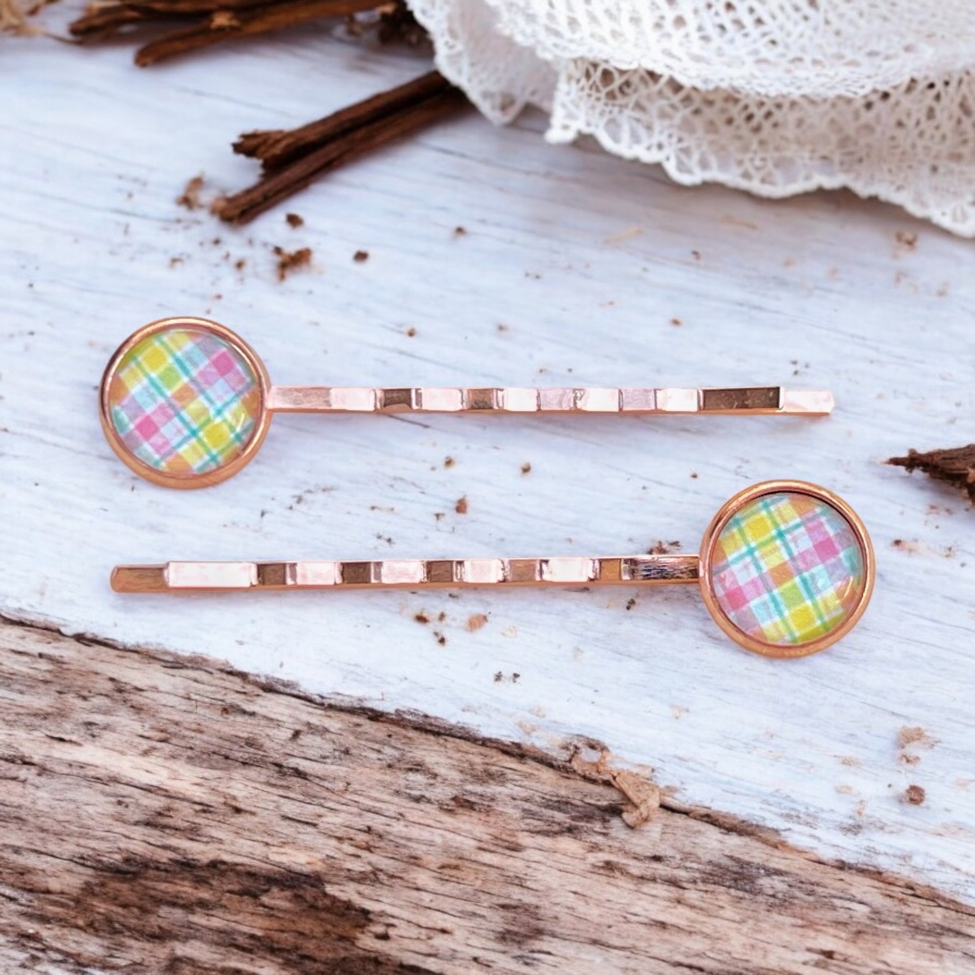 Pastel Plaid Hair Pins – Set of 2 Spring Accessories in Rose Gold