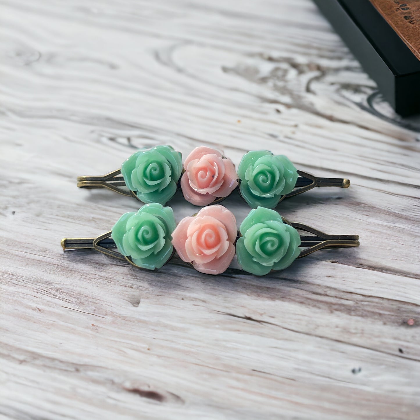 Mint & Blush Rose Hair Pins – Set of 2 Cottagecore Accessories