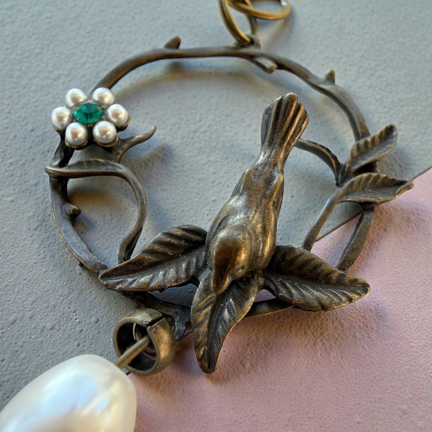 Vintage Bird & Pearl Purse Charm – Rustic Boho Branch Keychain