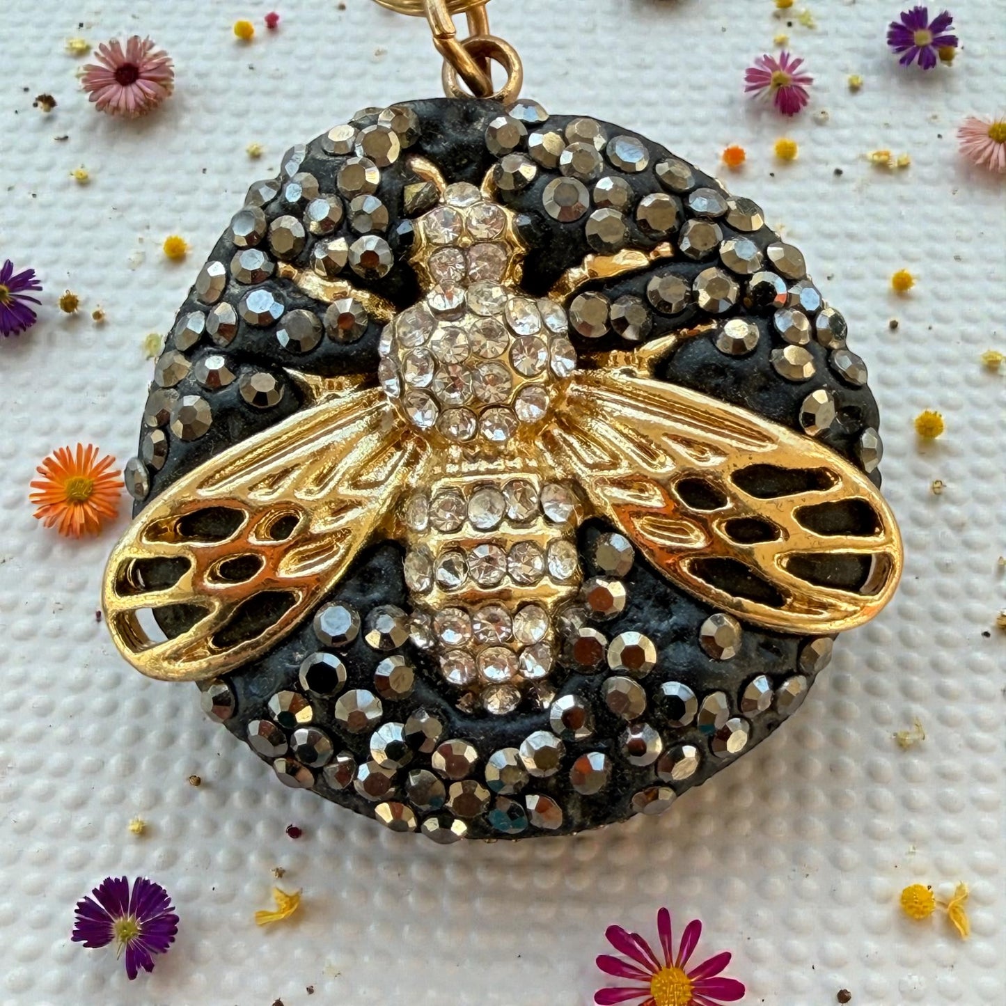Black Druzy Bee Purse Charm – Gold Sparkle Rhinestone Keychain