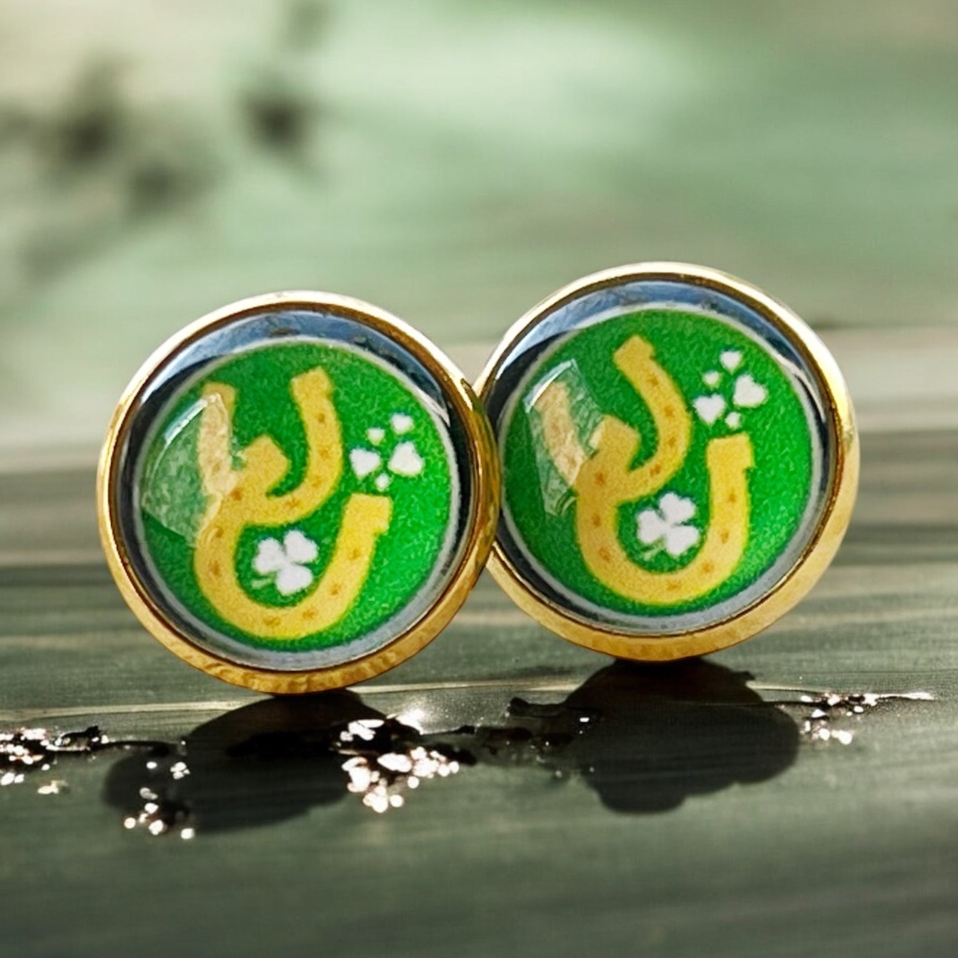 Lucky Horseshoe Stud Earrings – Green & Gold St. Patrick’s Day Jewelry for Her