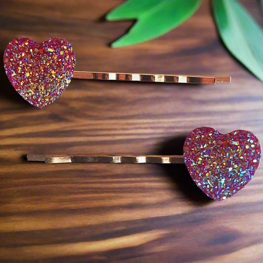 Pink Glitter Druzy Heart Hair Pins -Romantic Accessories