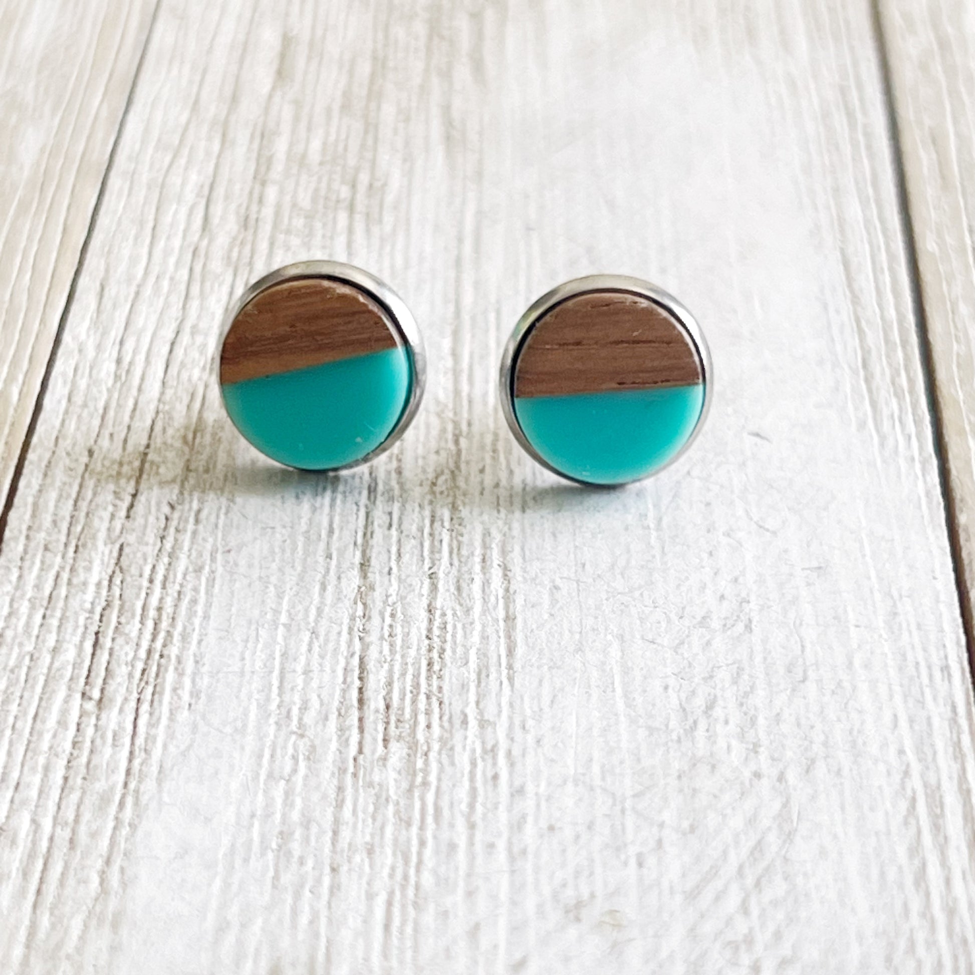 Turquoise & Wood Stud Earrings – Modern Coastal Resin Jewelry in Silver Bezel