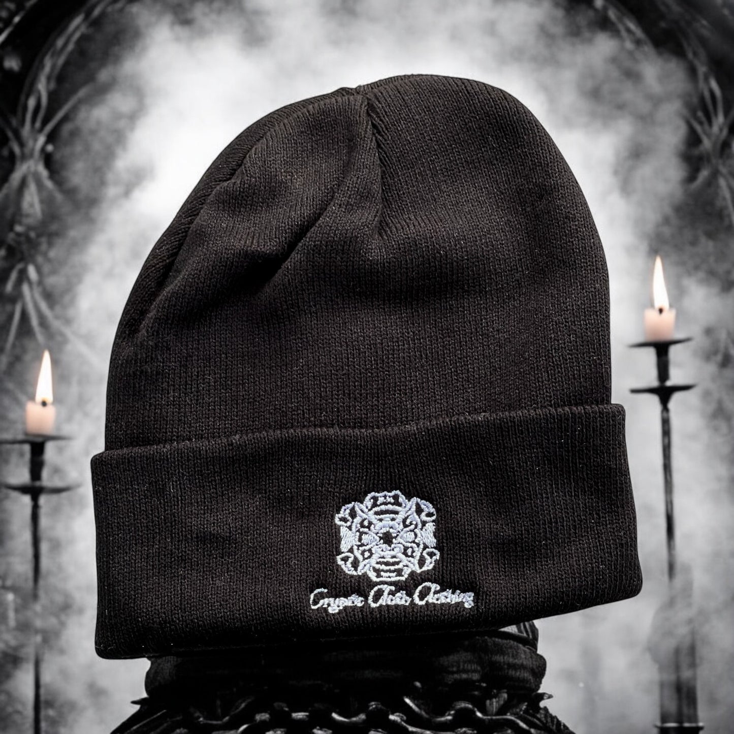 [PREORDER] Embroidered Black Beanie – Hand-Drawn – Demon Skull Streetwear Hat
