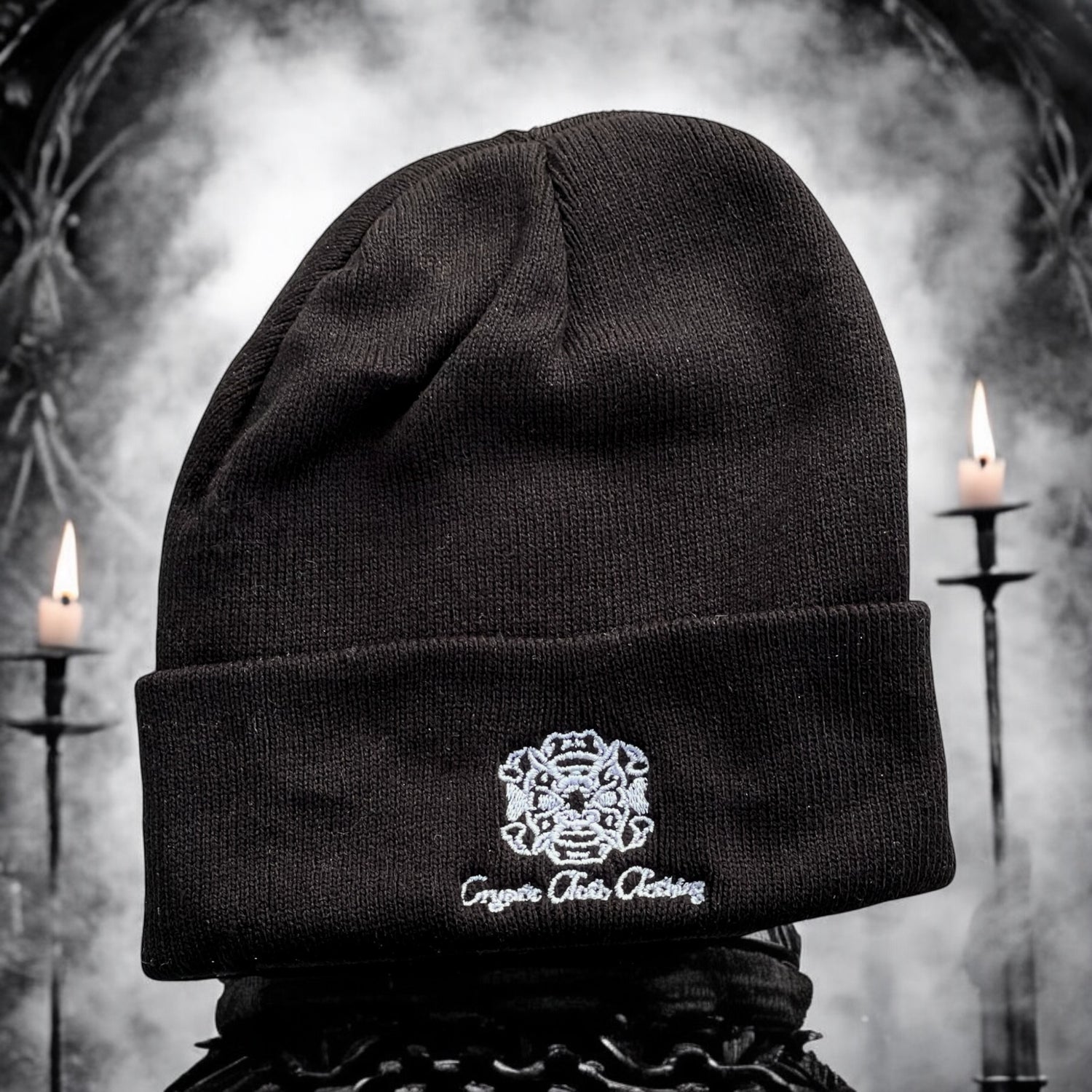[PREORDER] Embroidered Black Beanie – Hand-Drawn – Demon Skull Streetwear Hat