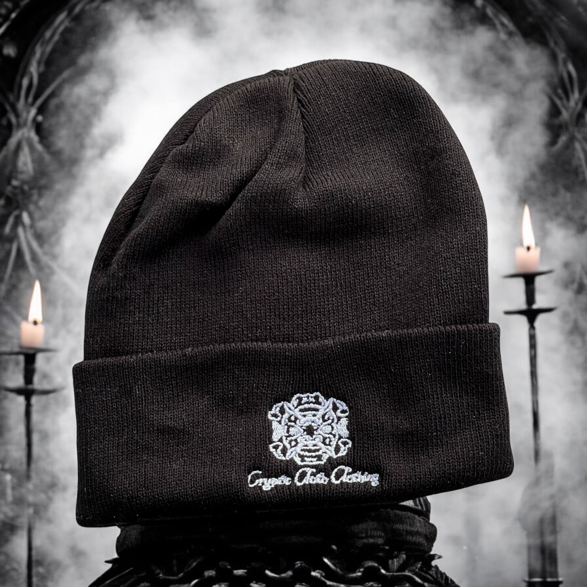 [PREORDER] Embroidered Black Beanie – Hand-Drawn – Demon Skull Streetwear Hat