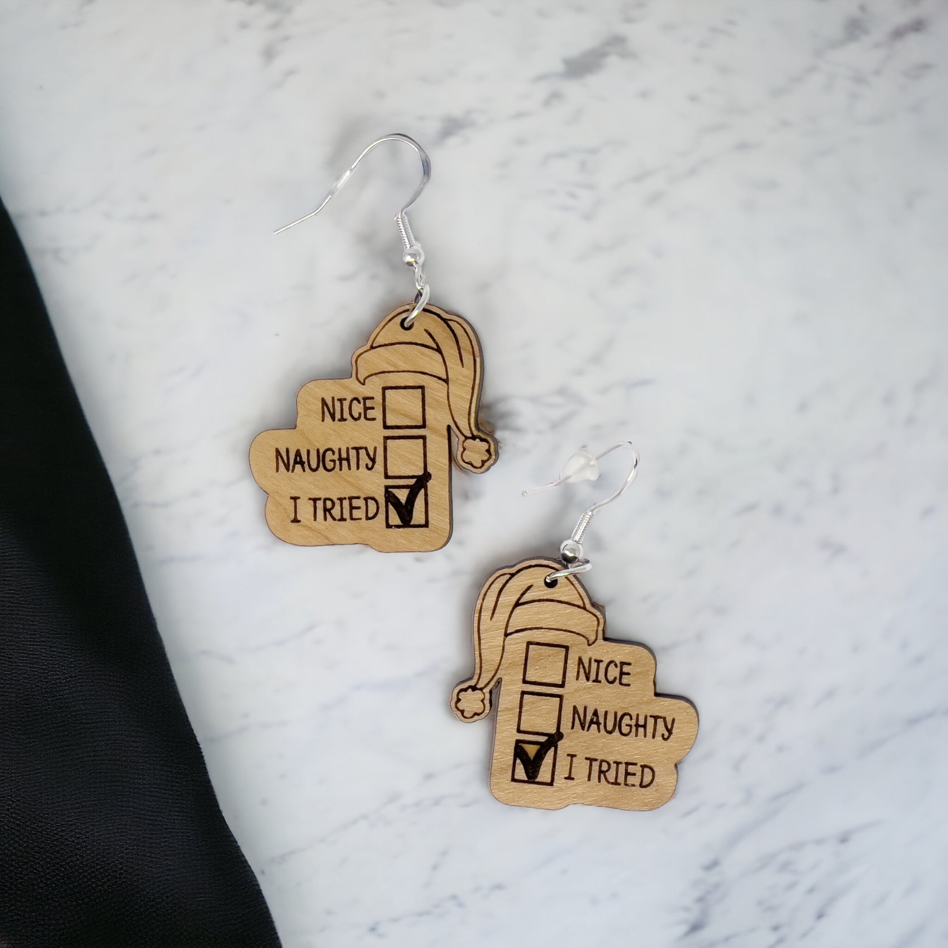 Funny Holiday Checklist Earrings – “I Tried” Santa Hat Wood Earrings