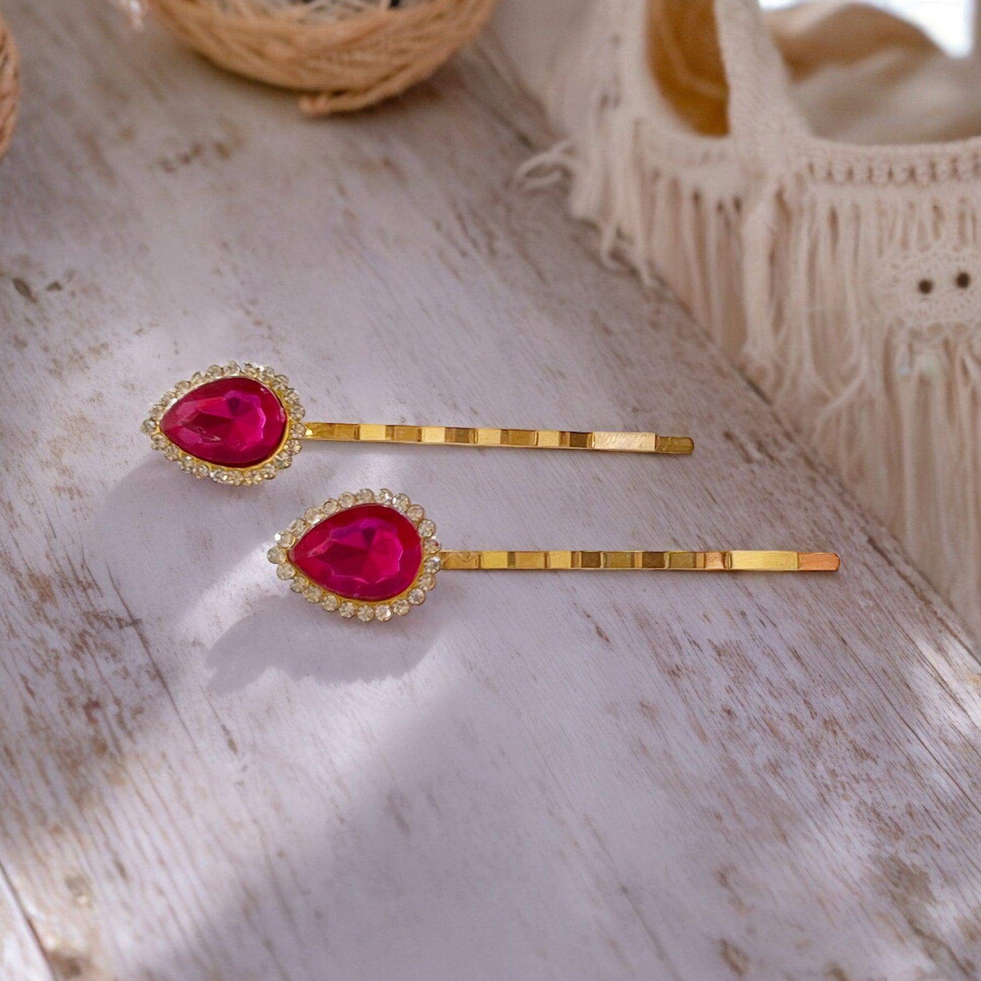Hot Pink Teardrop Hair Pins – Set of 2 Boho Glam Accessories