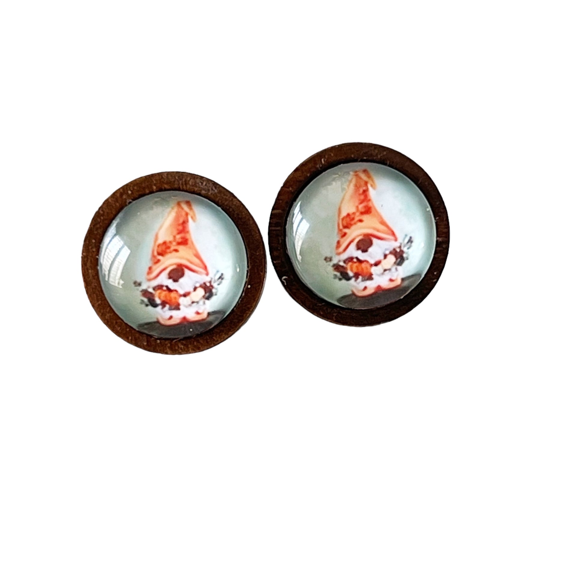 Gnome Pumpkin Stud Earrings – Whimsical Fall Harvest Jewelry in Wood