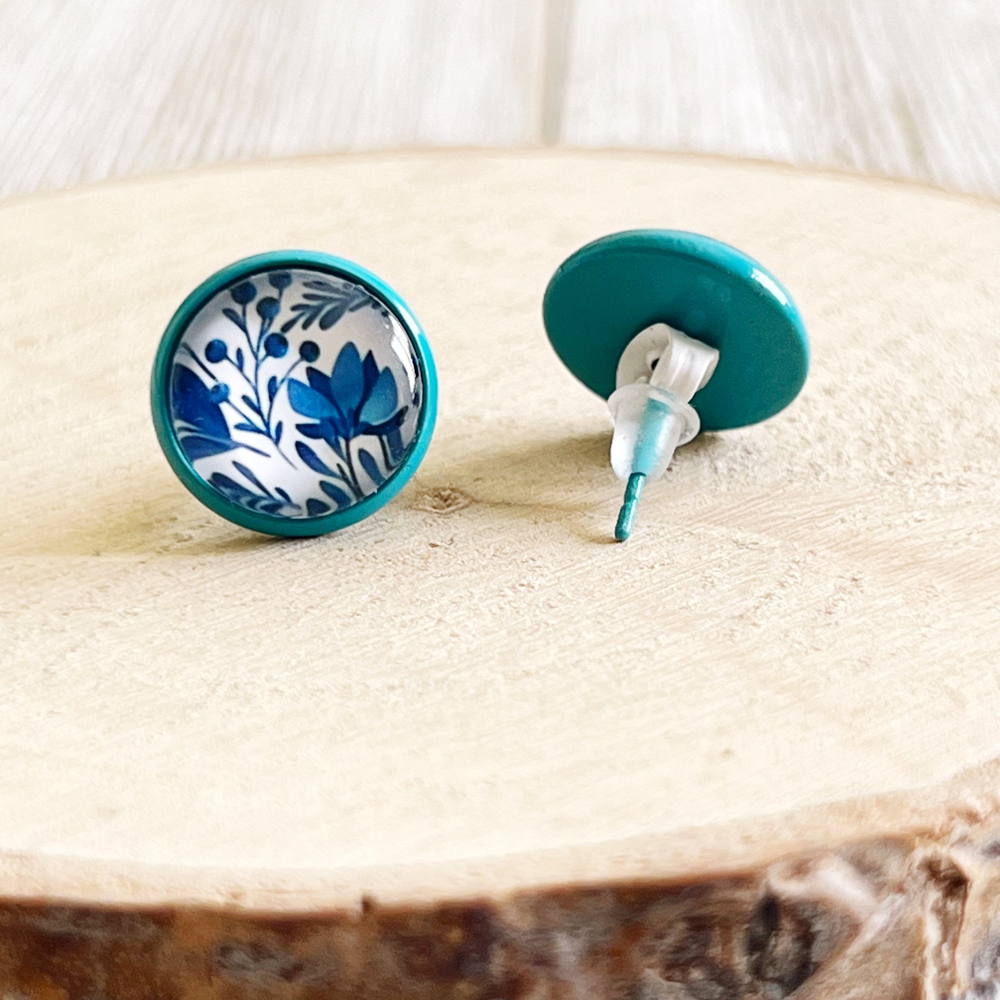 Blue Floral Stud Earrings – Round Botanical Jewelry in Teal Bezel