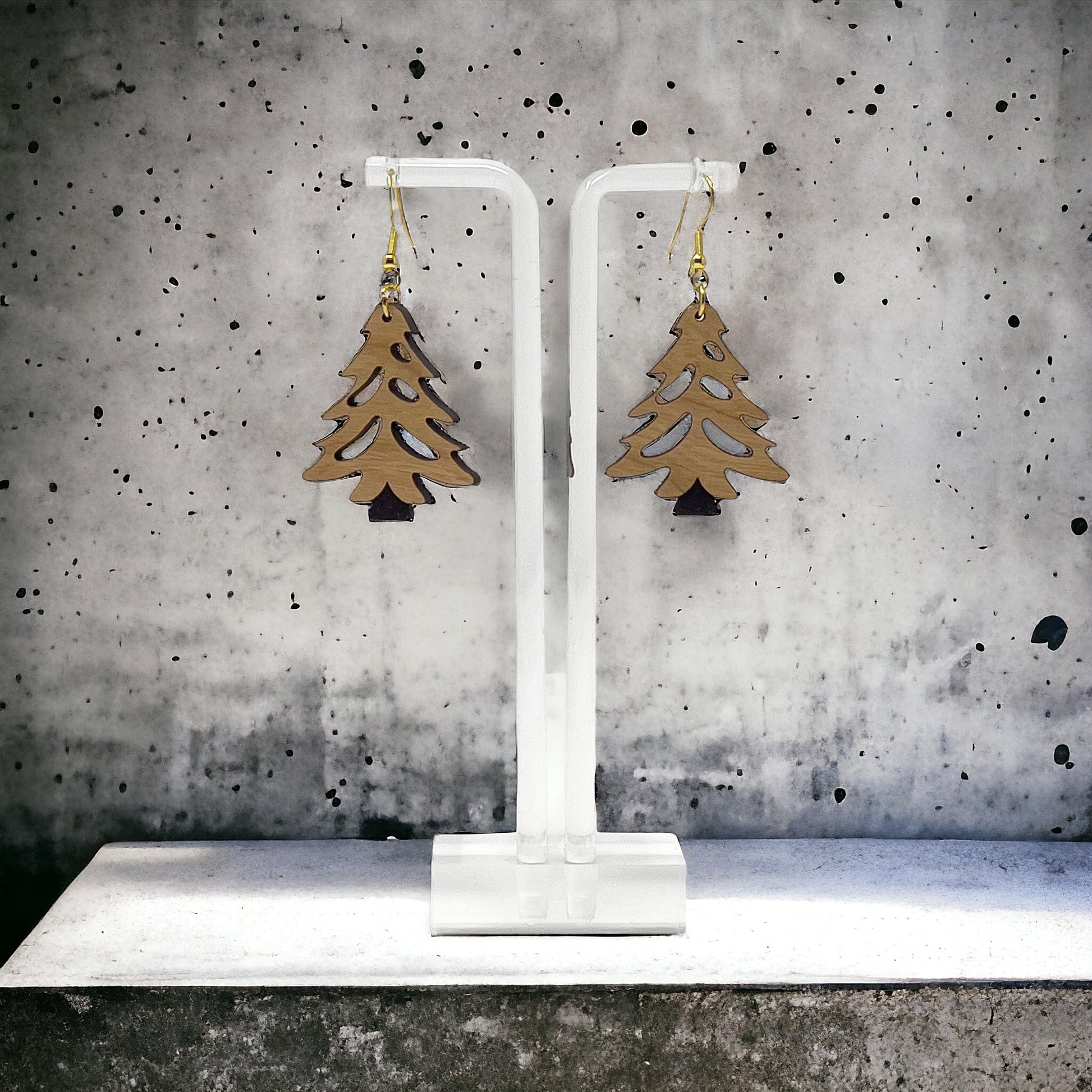 Rustic Tree Cutout Earrings – Wooden Christmas Tree Dangle Earrings