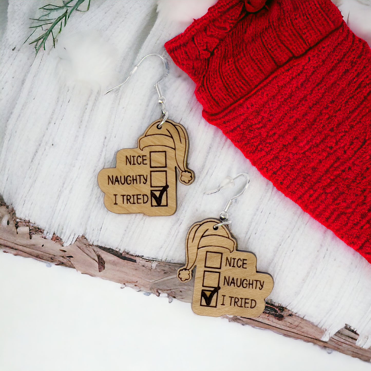 Funny Holiday Checklist Earrings – “I Tried” Santa Hat Wood Earrings