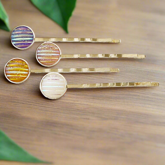 4 Silver Hair Pins - Purple, Yellow, Pink, & White Striped Design